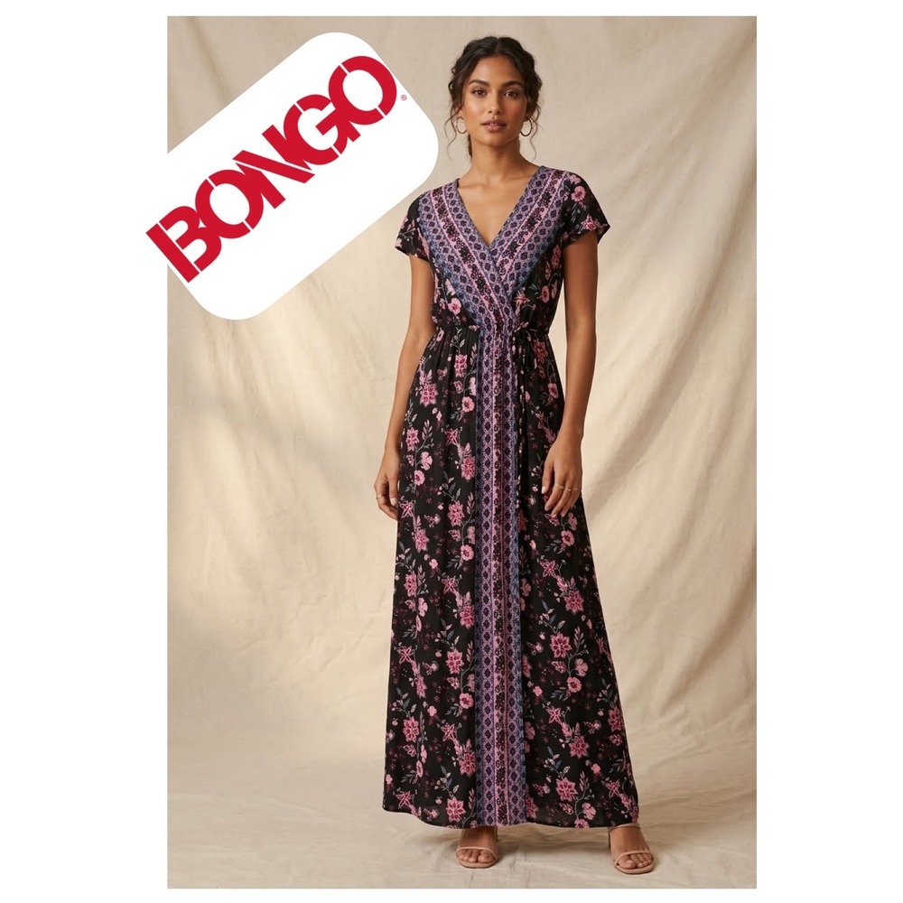 Bongo Womens Floral Maxi Dress Black Pink Faux Wrap‎ V-Neck Boho Rayon Sz S Y2K